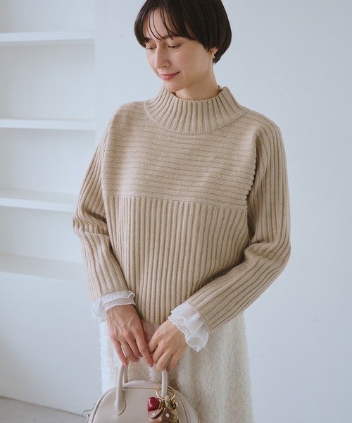 もちもちリブ切り替えニットプルオーバー/イージーケア・リンクコーデ