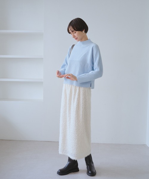 セール】もちもちリブ切り替えニットプルオーバー/イージーケア