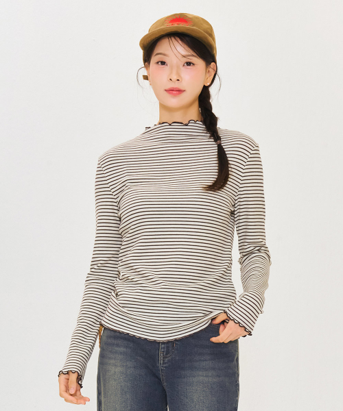 CHASECULT(チェイスカルト)の「レディースストライプフリルハーフネックTシャツ-アイボリー(Tシャツ/カットソー・レディース・アイボリー・90/85/95)」の2枚目の写真