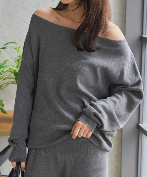 KOBE LETTUCE（コウベレタス）の「オフショルニットワイドパンツセットアップ（ニット/セーター・レディース・グレイッシュベージュ/ブラック/グレー・M）」の7枚目の写真