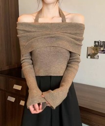 ホルターネック付 オフショルダー リブニット ショート丈