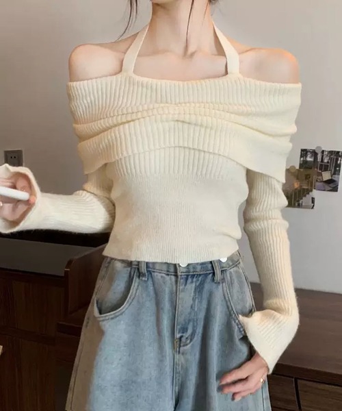 WESTSEA(ウエストシー)の「ホルターネック付 オフショルダー リブニット ショート丈(ニット/セーター・レディース・オフホワイト/グレー/ブラック/ベージュ・FREE)」の5枚目の写真