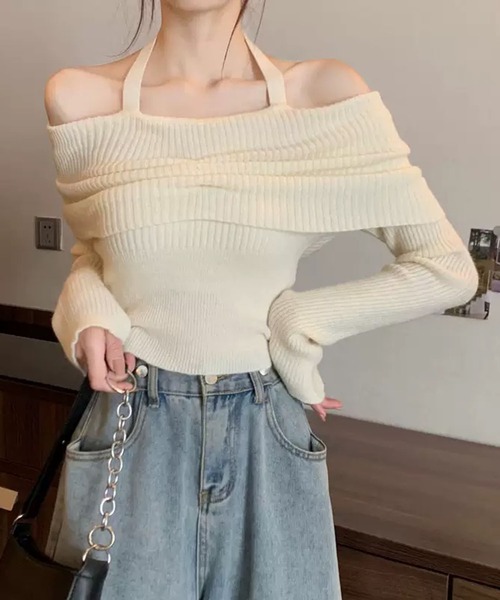 WESTSEA(ウエストシー)の「ホルターネック付 オフショルダー リブニット ショート丈(ニット/セーター・レディース・オフホワイト/グレー/ブラック/ベージュ・FREE)」の6枚目の写真