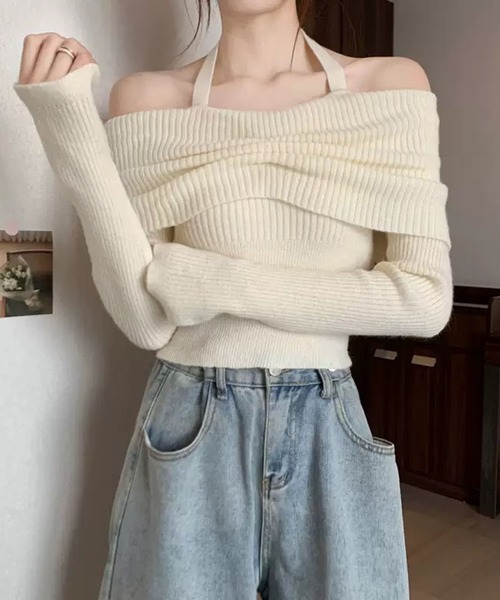 WESTSEA(ウエストシー)の「ホルターネック付 オフショルダー リブニット ショート丈(ニット/セーター・レディース・オフホワイト/グレー/ブラック/ベージュ・FREE)」の7枚目の写真