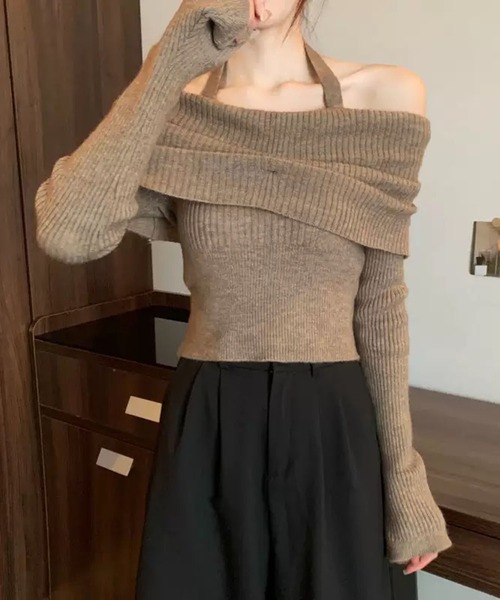 WESTSEA(ウエストシー)の「ホルターネック付 オフショルダー リブニット ショート丈(ニット/セーター・レディース・オフホワイト/グレー/ブラック/ベージュ・FREE)」の12枚目の写真