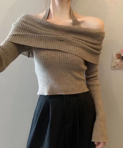 WESTSEA(ウエストシー)の「ホルターネック付 オフショルダー リブニット ショート丈(ニット/セーター・レディース・オフホワイト/グレー/ブラック/ベージュ・FREE)」の13枚目の写真