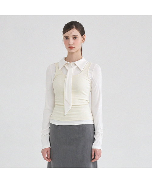 MICANE（ミケーネ）の「ロナンレイヤードタイT（Tシャツ/カットソー・レディース・Cream/ブラック・X-LARGE/MEDIUM/LARGE/SMALL）」の2枚目の写真