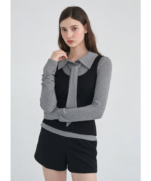 MICANE（ミケーネ）の「ロナンレイヤードタイT（Tシャツ/カットソー・レディース・Cream/ブラック・X-LARGE/MEDIUM/LARGE/SMALL）」の3枚目の写真