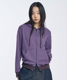 SLOW RECORD HOUSE（スローレコードハウス）の「ストライプニットフードジップアップ_パープル（パーカー）」