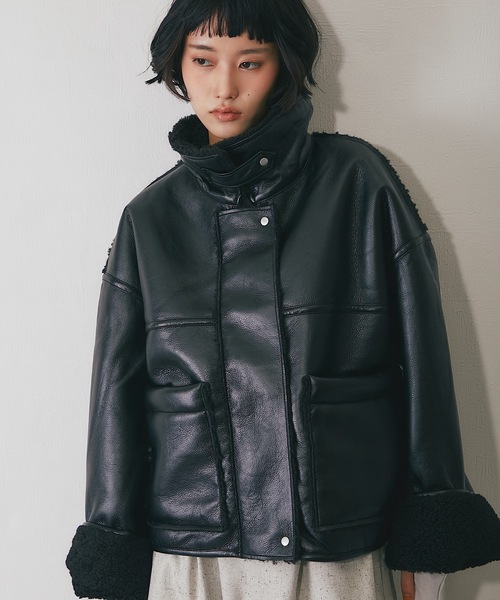 セール】フェイクレザー裏ボアボンディングジャケット（ムートンコート