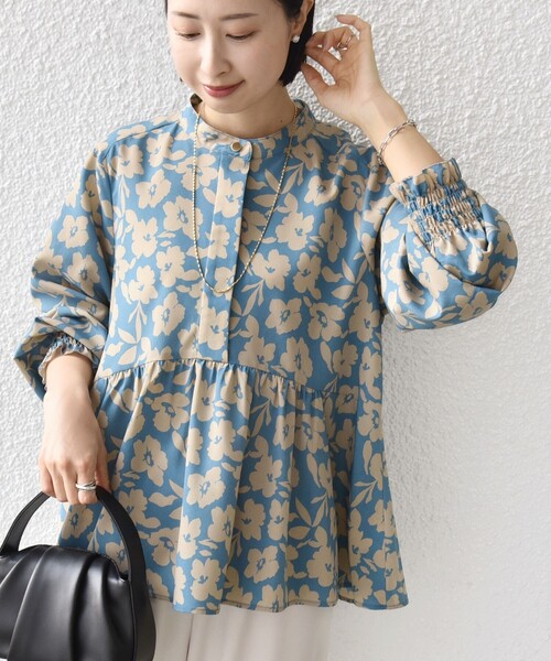 【WEB限定】〈手洗い可能〉ドット 花柄 袖 シャーリング ブラウス WEB限定】〈手洗い可能〉ドット 花柄 袖 シャーリング ブラウス