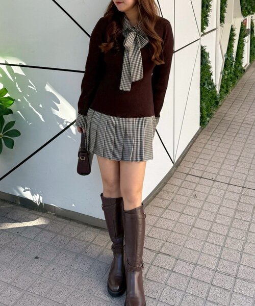 continuer de NICE CLAUP（コンティニューデナイスクラップ）の「裾プリーツドッキングミニワンピ（ワンピース・レディース・ブラウン/トップグレー/ネイビー・FREE）」の14枚目の写真