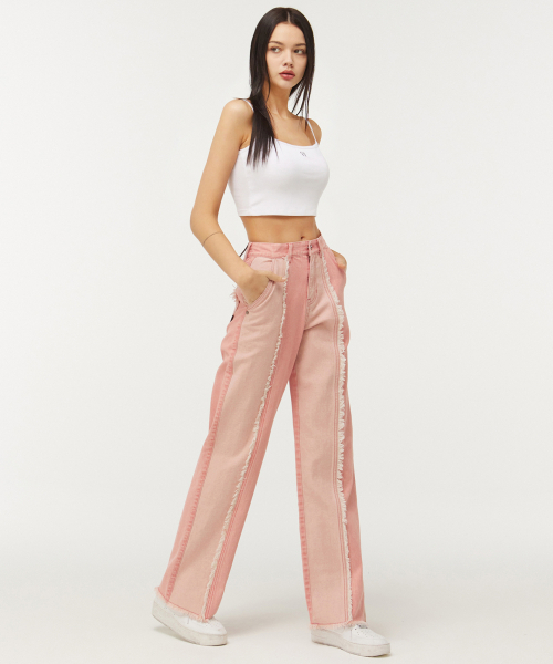 CITYBREEZE(シティブリーズ)の「カッティング配色ワイドデニムパンツ_PINK(デニムパンツ・レディース・ピンク・S/M)」の2枚目の写真