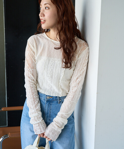 限定展開 レース パッチワーク ロングスリーブ トップス（Tシャツ