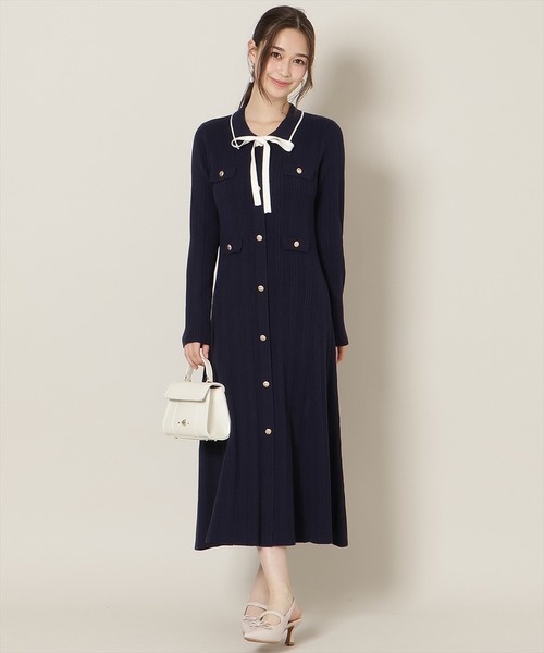 WILLSELECTION（ウィルセレクション）の「フロントボタンリボンタイニットワンピース（ワンピース・レディース・ピンク/ネイビー/ブルー/オフホワイト・FREE）」の3枚目の写真