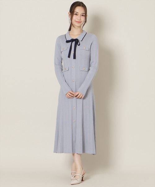 WILLSELECTION（ウィルセレクション）の「フロントボタンリボンタイニットワンピース（ワンピース・レディース・ピンク/ネイビー/ブルー/オフホワイト・FREE）」の4枚目の写真