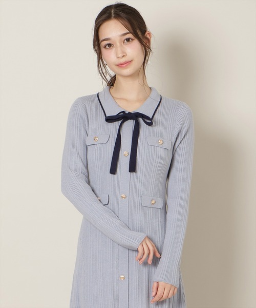 WILLSELECTION（ウィルセレクション）の「フロントボタンリボンタイニットワンピース（ワンピース・レディース・ピンク/ネイビー/ブルー/オフホワイト・FREE）」の6枚目の写真