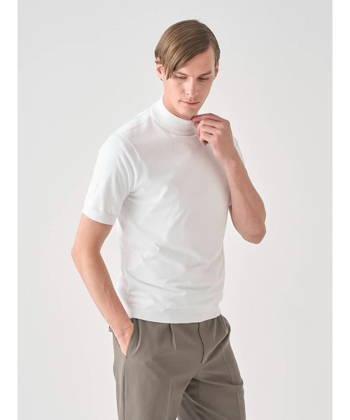 JOHN SMEDLEY 英国製 半袖ニットポロ M オフホワイト モックネック半袖コットンニットTシャツ（ニット/セーター）｜JOHN