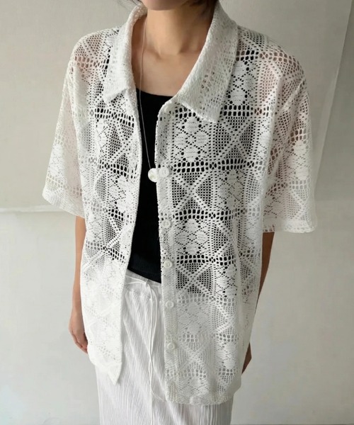 yuue' ( wear )(ユーイ)の「透かし編み半袖メッシュニットポロシャツ/カーディガン(ポロシャツ・レディース・ブラック/ホワイト・FREE)」の2枚目の写真