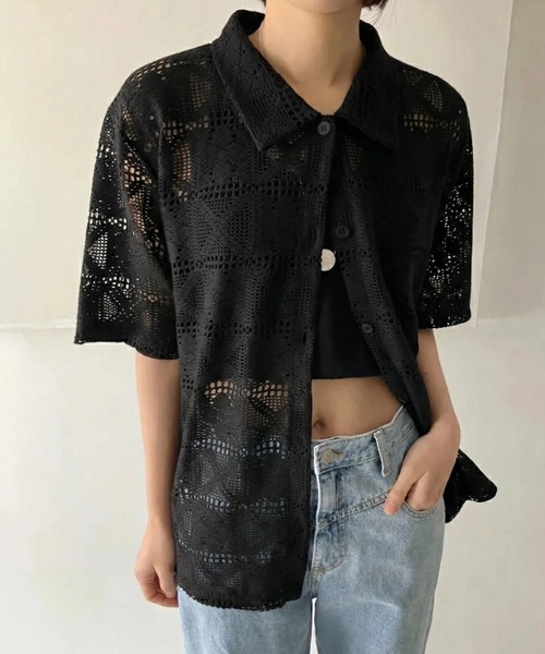 yuue' ( wear )(ユーイ)の「透かし編み半袖メッシュニットポロシャツ/カーディガン(ポロシャツ・レディース・ブラック/ホワイト・FREE)」の1枚目の写真