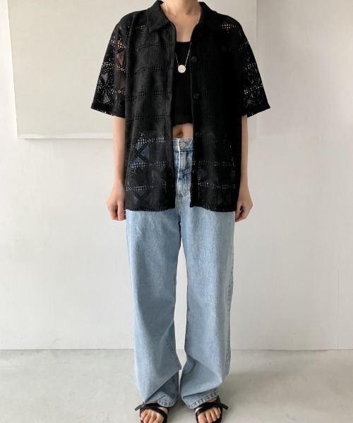 yuue' ( wear )(ユーイ)の「透かし編み半袖メッシュニットポロシャツ/カーディガン(ポロシャツ・レディース・ブラック/ホワイト・FREE)」の15枚目の写真
