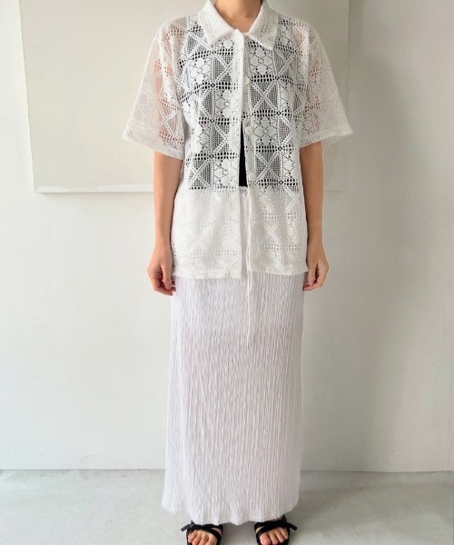 yuue' ( wear )(ユーイ)の「透かし編み半袖メッシュニットポロシャツ/カーディガン(ポロシャツ・レディース・ブラック/ホワイト・FREE)」の9枚目の写真