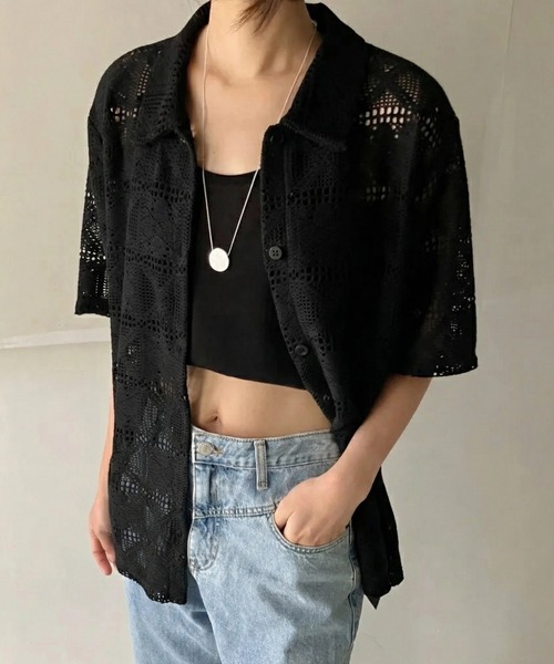 yuue' ( wear )(ユーイ)の「透かし編み半袖メッシュニットポロシャツ/カーディガン(ポロシャツ・レディース・ブラック/ホワイト・FREE)」の12枚目の写真