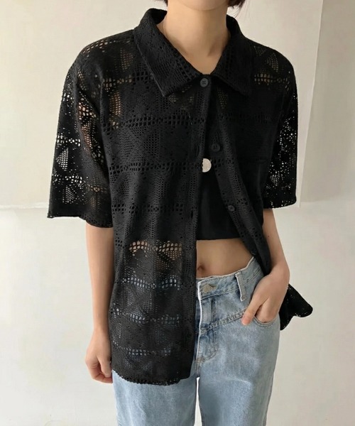 yuue' ( wear )(ユーイ)の「透かし編み半袖メッシュニットポロシャツ/カーディガン(ポロシャツ・レディース・ブラック/ホワイト・FREE)」の16枚目の写真