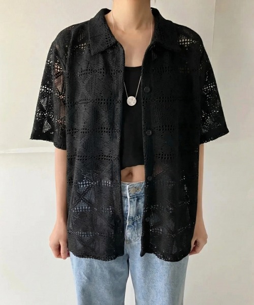 yuue' ( wear )(ユーイ)の「透かし編み半袖メッシュニットポロシャツ/カーディガン(ポロシャツ・レディース・ブラック/ホワイト・FREE)」の13枚目の写真