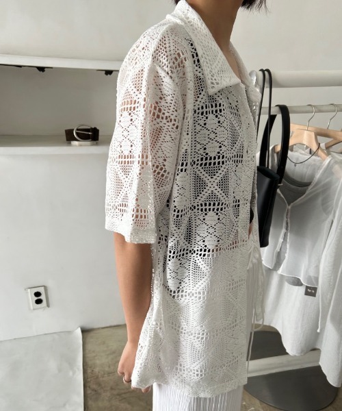 yuue' ( wear )(ユーイ)の「透かし編み半袖メッシュニットポロシャツ/カーディガン(ポロシャツ・レディース・ブラック/ホワイト・FREE)」の11枚目の写真