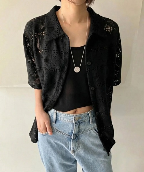 yuue' ( wear )(ユーイ)の「透かし編み半袖メッシュニットポロシャツ/カーディガン(ポロシャツ・レディース・ブラック/ホワイト・FREE)」の17枚目の写真