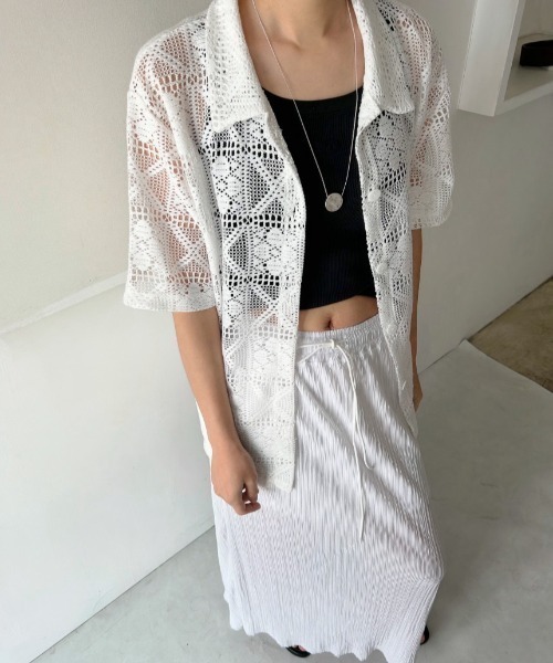 yuue' ( wear )(ユーイ)の「透かし編み半袖メッシュニットポロシャツ/カーディガン(ポロシャツ・レディース・ブラック/ホワイト・FREE)」の5枚目の写真