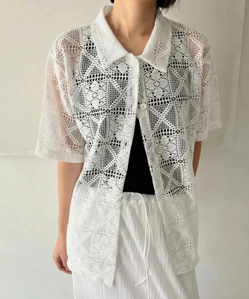 yuue' ( wear )(ユーイ)の「透かし編み半袖メッシュニットポロシャツ/カーディガン(ポロシャツ・レディース・ブラック/ホワイト・FREE)」の3枚目の写真
