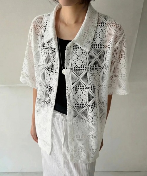 yuue' ( wear )(ユーイ)の「透かし編み半袖メッシュニットポロシャツ/カーディガン(ポロシャツ・レディース・ブラック/ホワイト・FREE)」の7枚目の写真