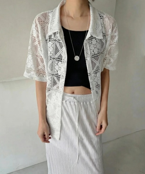 yuue' ( wear )(ユーイ)の「透かし編み半袖メッシュニットポロシャツ/カーディガン(ポロシャツ・レディース・ブラック/ホワイト・FREE)」の8枚目の写真