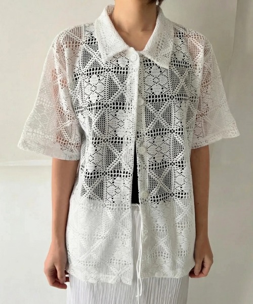 yuue' ( wear )(ユーイ)の「透かし編み半袖メッシュニットポロシャツ/カーディガン(ポロシャツ・レディース・ブラック/ホワイト・FREE)」の10枚目の写真