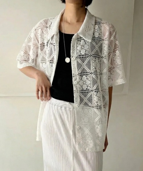 yuue' ( wear )(ユーイ)の「透かし編み半袖メッシュニットポロシャツ/カーディガン(ポロシャツ・レディース・ブラック/ホワイト・FREE)」の4枚目の写真