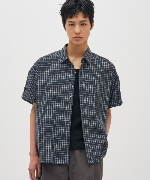 BASEMOMENT(ベースモーメント)の「セミクロップロールアップチェック半袖シャツブラック(シャツ/ブラウス・メンズ・その他・MEDIUM/LARGE)」の1枚目の写真