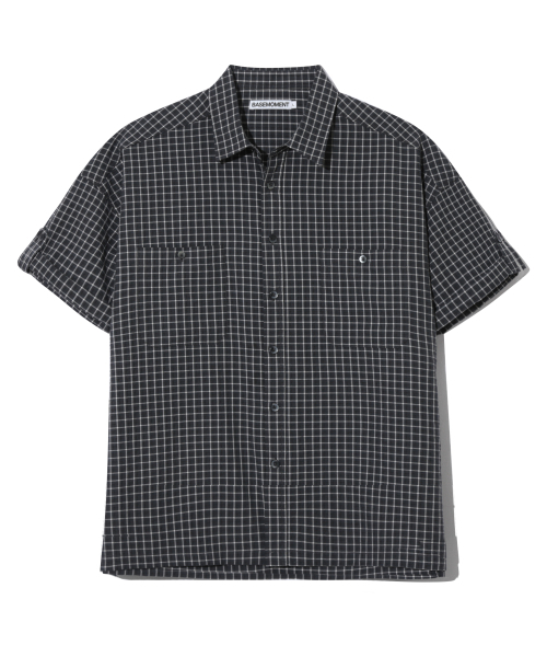BASEMOMENT(ベースモーメント)の「セミクロップロールアップチェック半袖シャツブラック(シャツ/ブラウス・メンズ・その他・MEDIUM/LARGE)」の2枚目の写真
