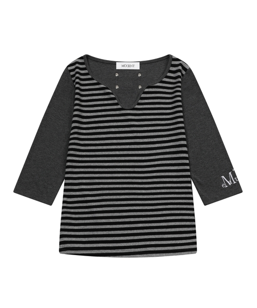 MUCENT(ムセント)の「ラフィアVネック7部Tシャツ(2カラー)(Tシャツ/カットソー・レディース・チャコール/ブルー・FREE)」の2枚目の写真