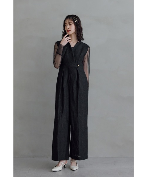 niana（ニアナ）の「ボンディングレースオールインワンドレス 2点セット パンツドレス シアートップス 結婚式 成人式 二次会 同窓会 セレモニー パーティードレス オケージョンドレス お呼ばれ（パンツドレス・レディース・ブラック/カーキ/ブルーグレー・S/M/L）」の4枚目の写真