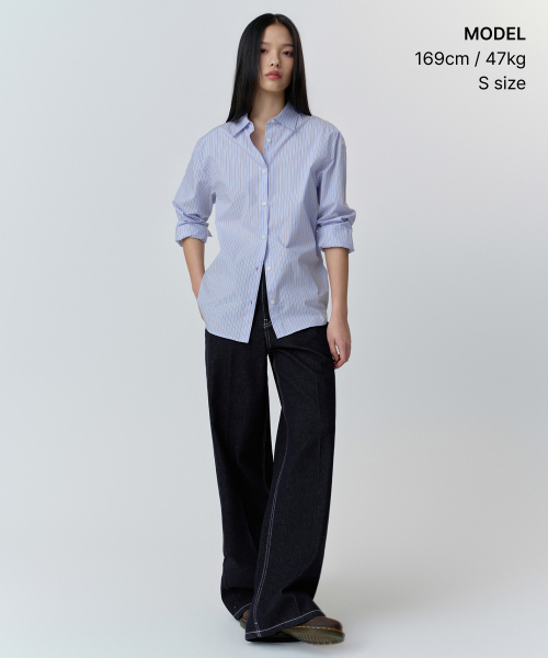 MUSINSA STANDARD WOMAN（ムシンサスタンダードウーマン）の「ウィメンズストライプリラックスドポプリンシャツ[スカイブルー]（シャツ/ブラウス・レディース・その他・SMALL/MEDIUM/LARGE/X-SMALL）」の2枚目の写真