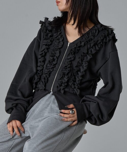 goocy(グーシー)の「フリルVネックZIPカーディガン(Tシャツ/カットソー・レディース・ブラック・FREE)」の1枚目の写真