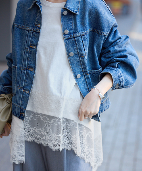 SLOBE IENA（スローブイエナ）の「《追加》レースコンビカットソー2（Tシャツ/カットソー・レディース・ブラック/ホワイト・FREE）」の2枚目の写真