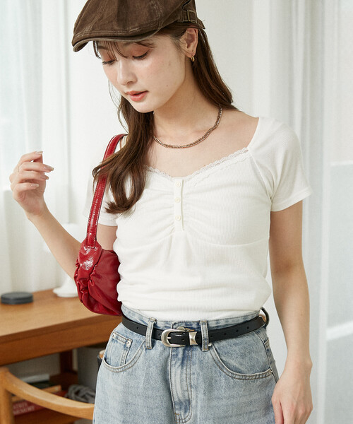 PUBLUX(パブリュクス)の「PUBLUX/パブリュクス レース ヘンリーネック カットソー 限定展開(Tシャツ/カットソー・レディース・ブラック/グレー/オフホワイト・フリ-)」の18枚目の写真