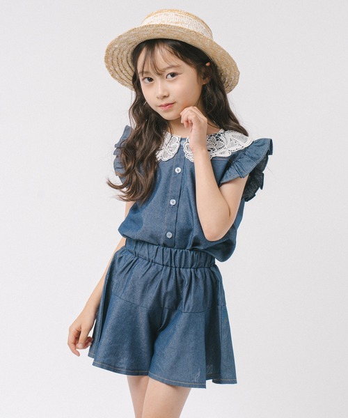 URBAN CHERRY(アーバンチェリー)の「フリルカラーデザイントップス+フレアショートパンツ(Tシャツ/カットソー・キッズ・ブルー/ネイビー・110cm/120cm/130cm/140cm/150cm)」の2枚目の写真