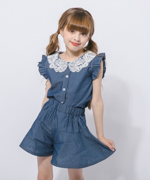 URBAN CHERRY(アーバンチェリー)の「フリルカラーデザイントップス+フレアショートパンツ(Tシャツ/カットソー・キッズ・ブルー/ネイビー・110cm/120cm/130cm/140cm/150cm)」の22枚目の写真