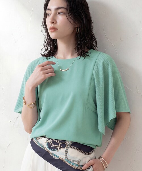 INDIVI(インディヴィ)の「【洗える/シアーチェック柄】異素材コンビスリーブトップス(Tシャツ/カットソー・レディース・ホワイト/ブラック/ブラウン系/グリーン系5・05/13/15 /38/19/34)」の4枚目の写真