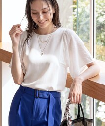 INDIVI | 【洗える／シアーチェック柄】異素材コンビスリーブトップス(Tシャツ/カットソー)