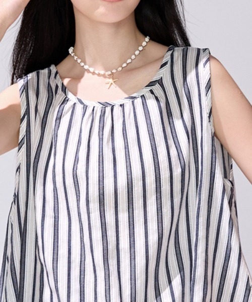 AMAJI(アマジ)の「【清涼感】ストライプ柄 ギャザーノースリーブブラウス / Aライン / 涼感素材 / 夏トップス / 2026 SS(シャツ/ブラウス・レディース・ブラック×ホワイト・X-LARGE/LARGE/MEDIUM/SMALL)」の10枚目の写真